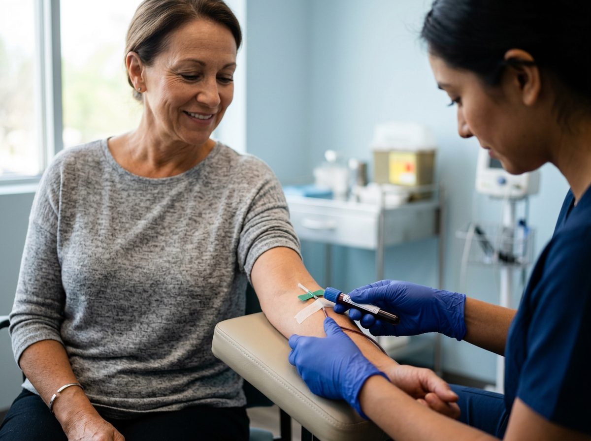 A phlebotomist draws blood from a patient's arm