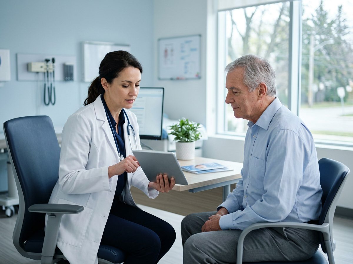 An oncologist reviews results on a tablet with a patient