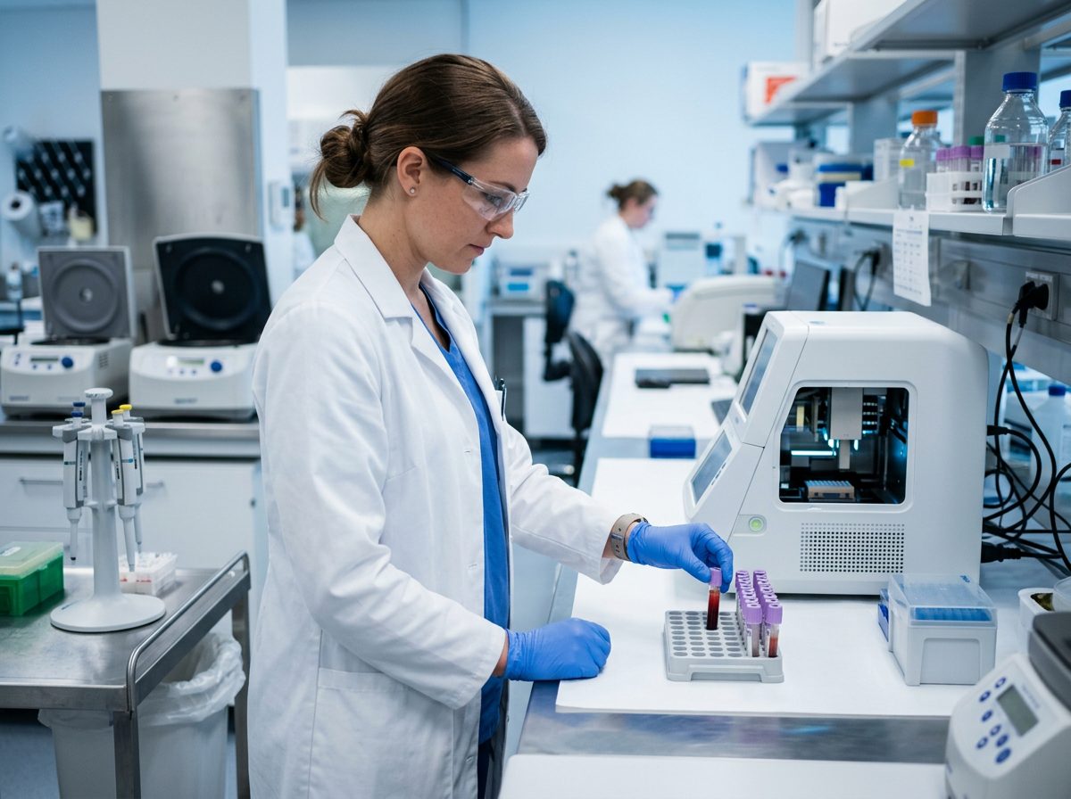 A laboratory scientist loads blood collection tubes into a rack