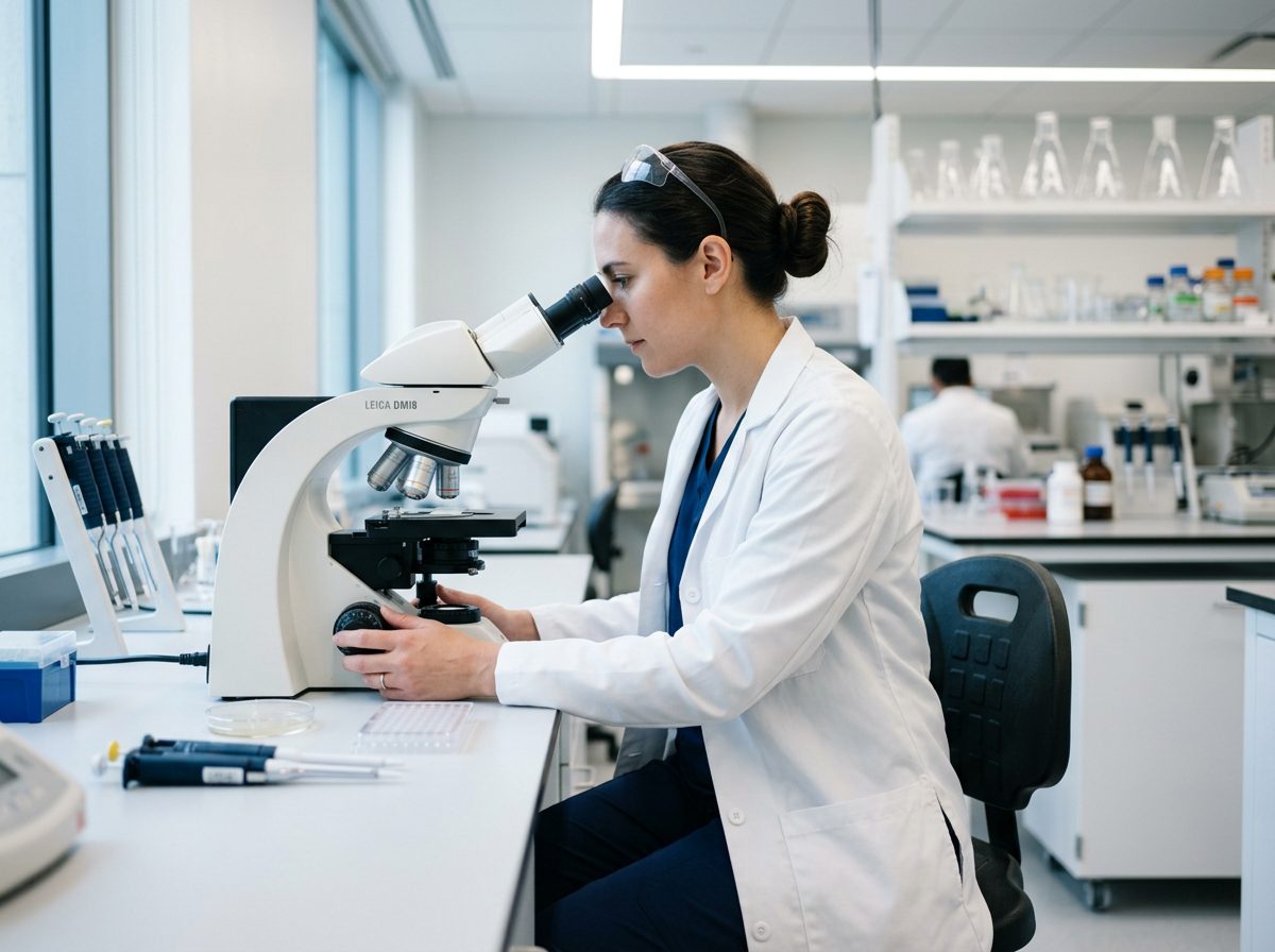 A researcher examines cells under a microscope